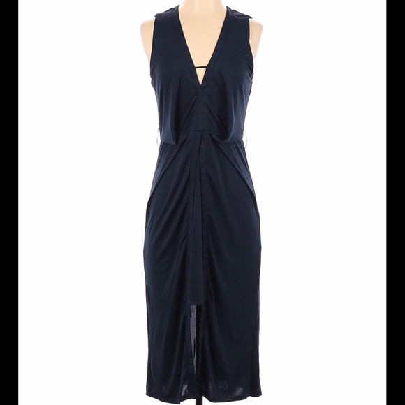 Pink Stitch pleated low v-neck sleeveless (navy) blue midi dress size 2 - Picture 1 of 10